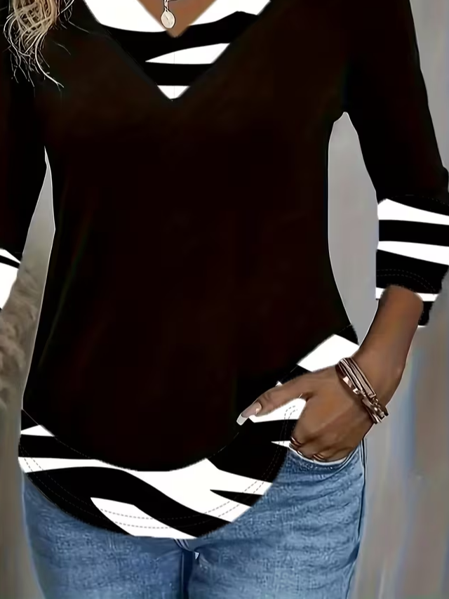 Women's Long Sleeve T-shirt Spring/Fall Black Abstract Printing Jersey V Neck Daily Going Out Casual Top