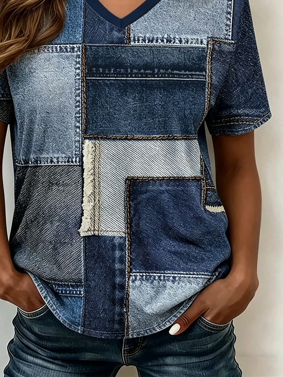 Casual Faux Denim Print Graphic Loose T-Shirt