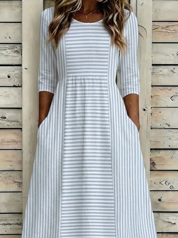 Women's Half Sleeve Summer Blue Striped Printing Crew Neck Daily Going Out Casual Maxi H-Line Dress