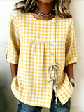 Women's Half Sleeve Shirt Summer Yellow Plaid Crew Neck Daily Going Out Vintage Top
