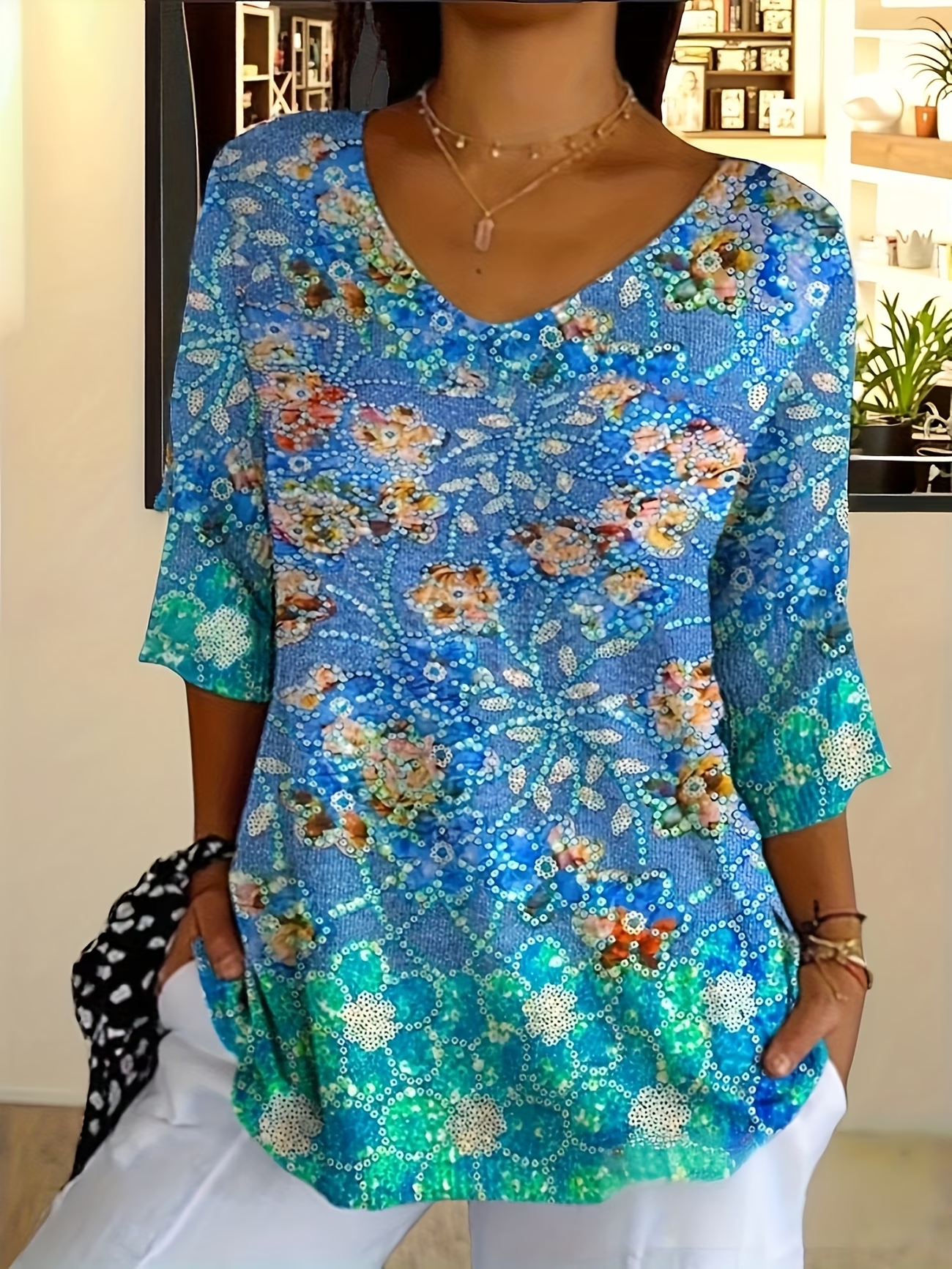 Women's Three Quarter Sleeve T-shirt Spring/Fall Blue Floral Printing V Neck Daily Going Out Casual Top