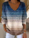 Women's Long Sleeve T-shirt Spring/Fall Blue Abstract Printing V Neck Daily Going Out Casual Top