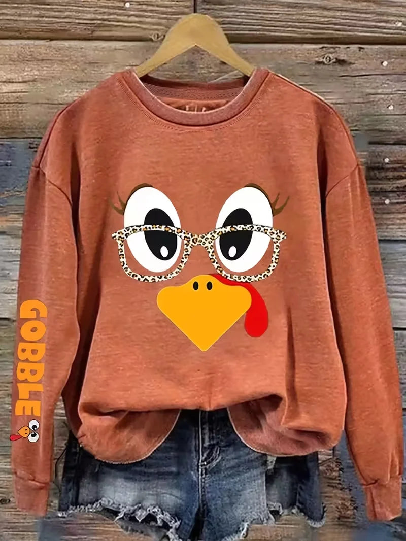 Women's Thanksgiving Turkey Print Casual Crew Neck Sweatshirt