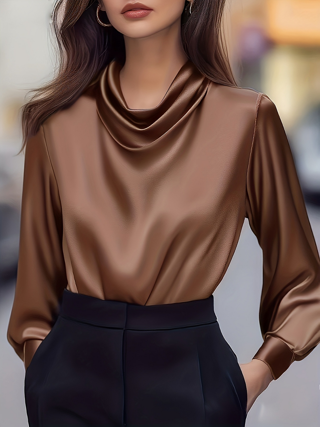 Women's Elegant Satin Long Sleeve Cowl Neck Shirt