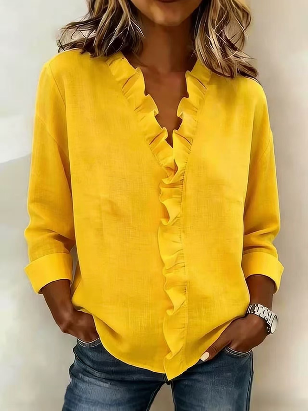 Women's Solid Color V-Neck Blouse with Ruffle Trim Long Sleeve Casual Top