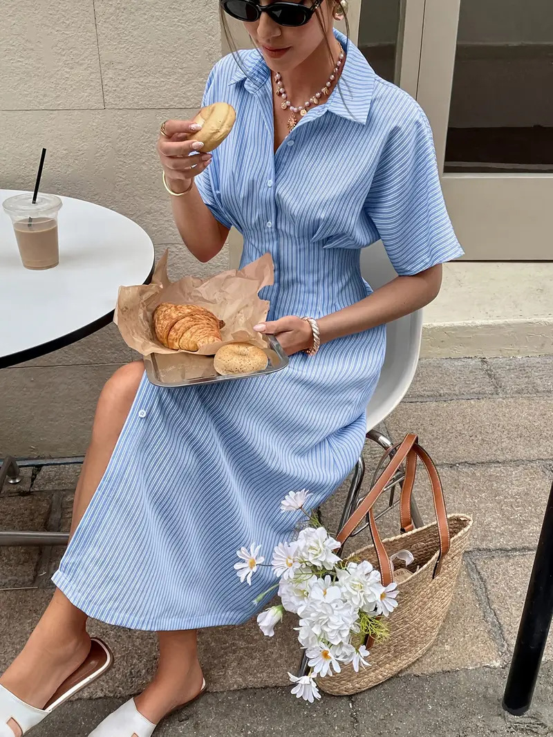 Blue Striped Slim Waist Short Sleeve Round Neck Short Dress