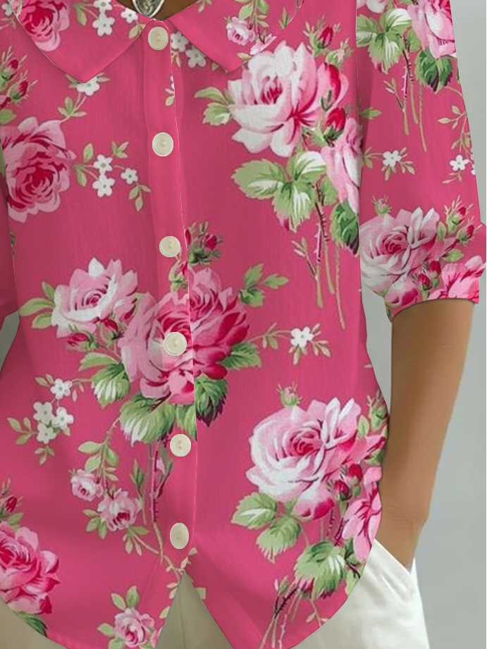Women's Half Sleeve Shirt Summer Pink Floral Printing Shawl Collar Daily Going Out Casual Top
