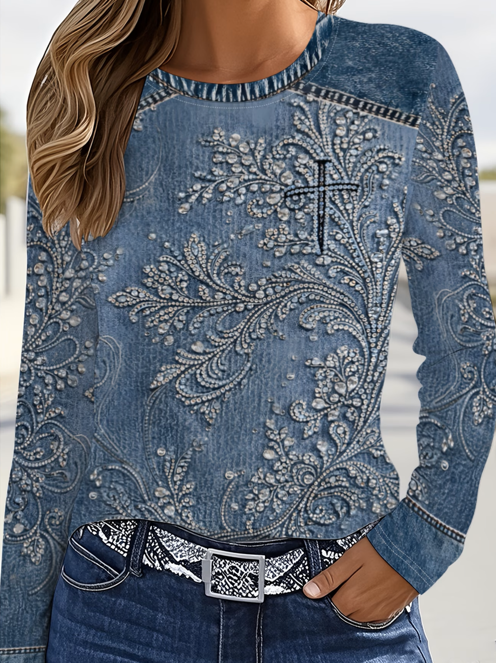 Faux Denim Print Graphic Loose Casual T-Shirt