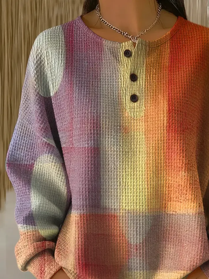 Women's Abstract Print Button-Up Casual Waffle Knit Sweatshirt