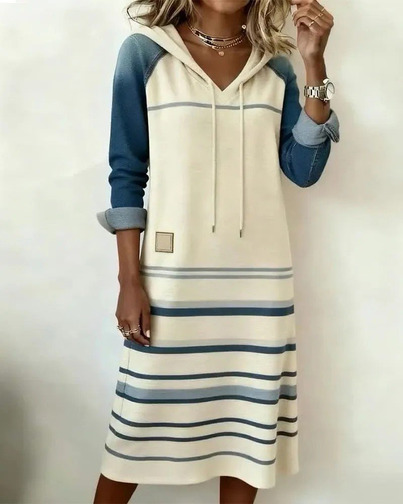 Multicolor Block Casual Hoodie Sweashirt Dress With No