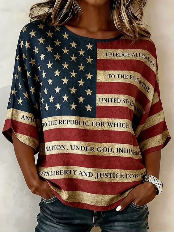 Women's Half Sleeve Blouse Summer As Picture Independence Day (Flag) Printing Crew Neck Daily Going Out Vintage Top