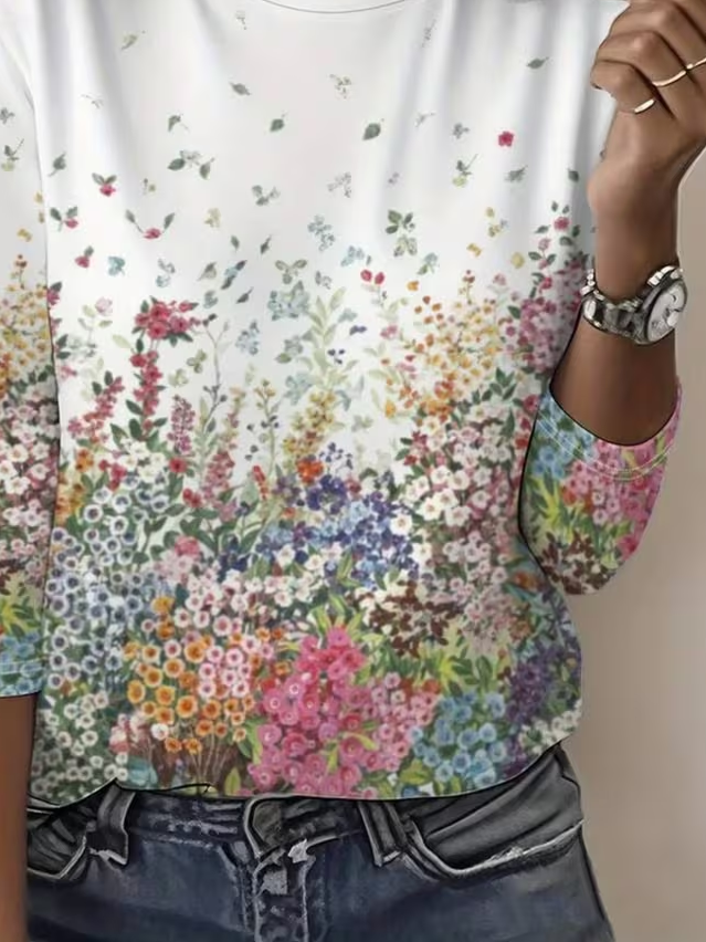 Women's Long Sleeve T-shirt Spring/Fall White Floral Printing Jersey Crew Neck Daily Going Out Casual Top