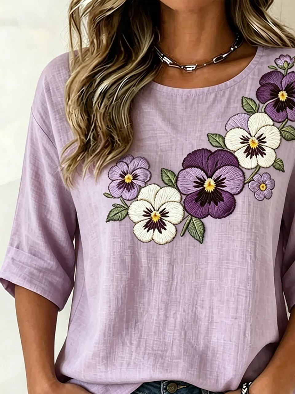 Elegant Cotton And Linen Floral Crew Neck Shirt
