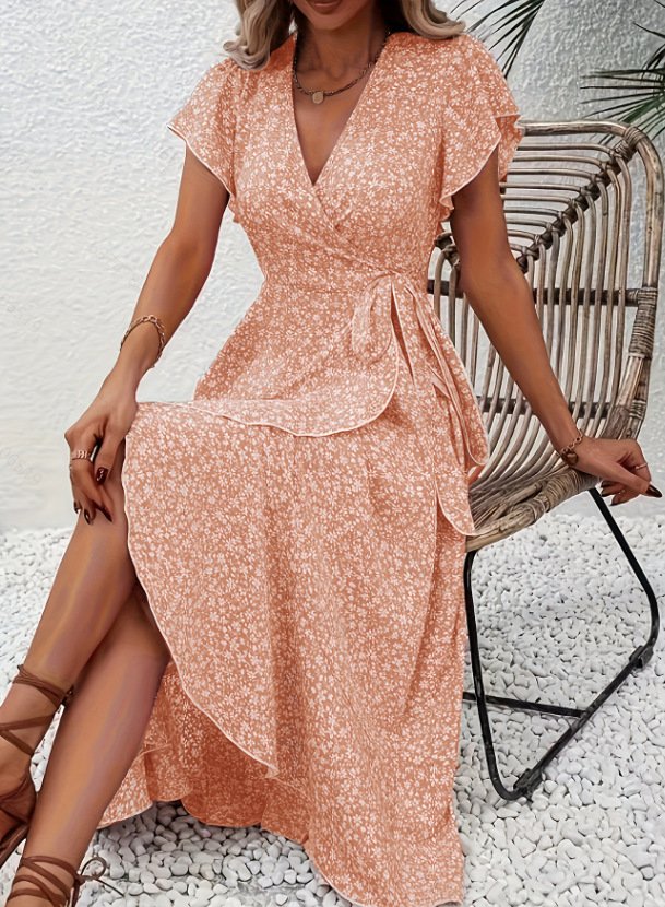 V Neck Ditsy Floral Regular Fit Elegant Dress With No