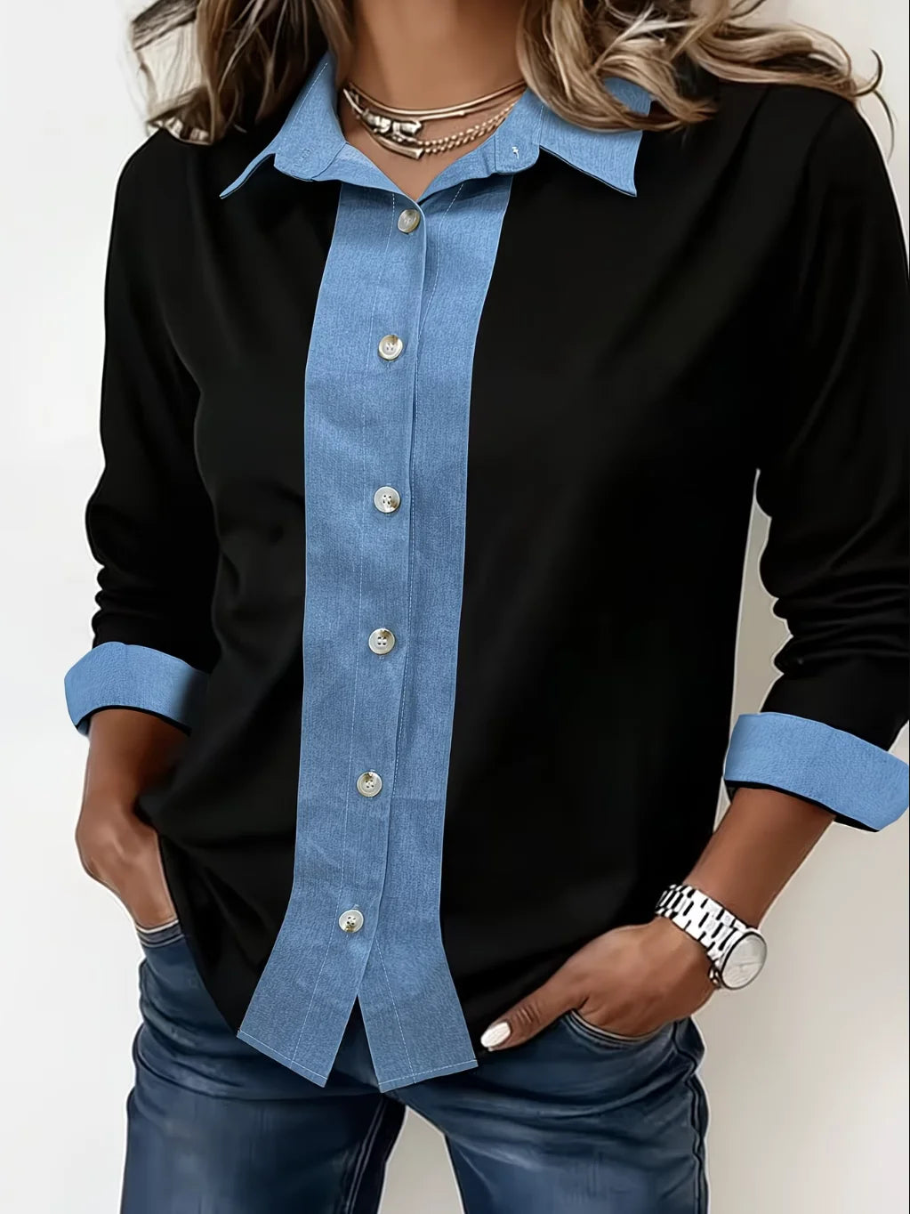 Vintage Shirt Collar Loose Multicolor Block Shirt