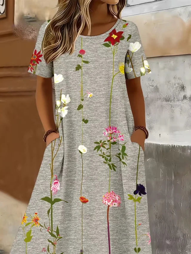 Women's Short Sleeve Summer Gray Floral Printing Crew Neck Daily Going Out Casual Maxi H-Line T-Shirt Dress Dress