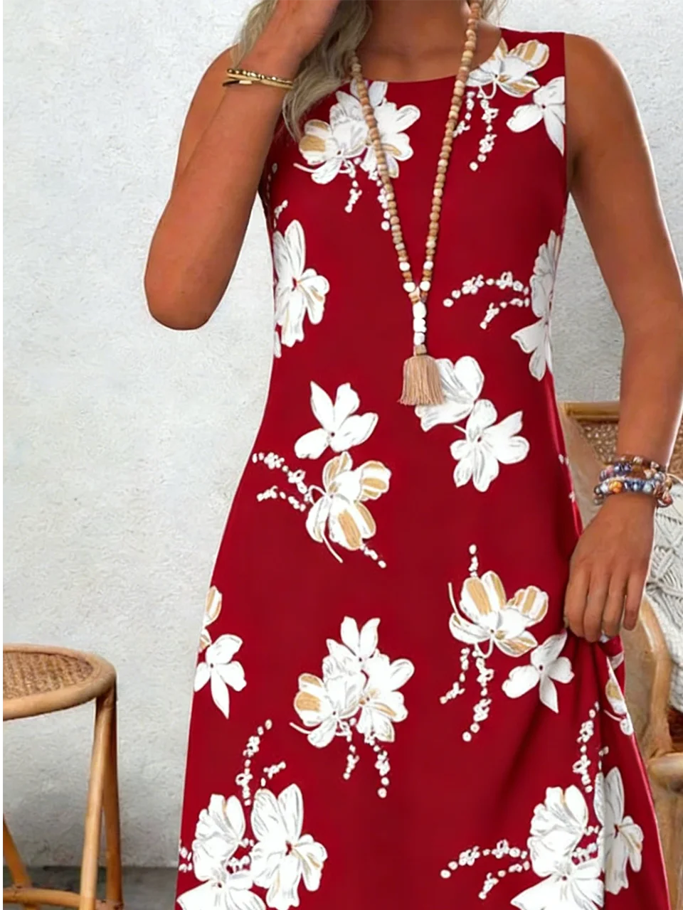 Loose Casual Cotton Crew Neck Dress With No