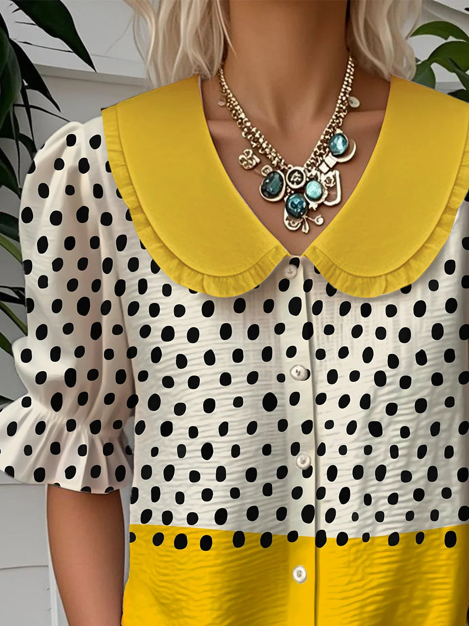 Casual Loose Shawl Collar Abstract Polka Dots Shirt