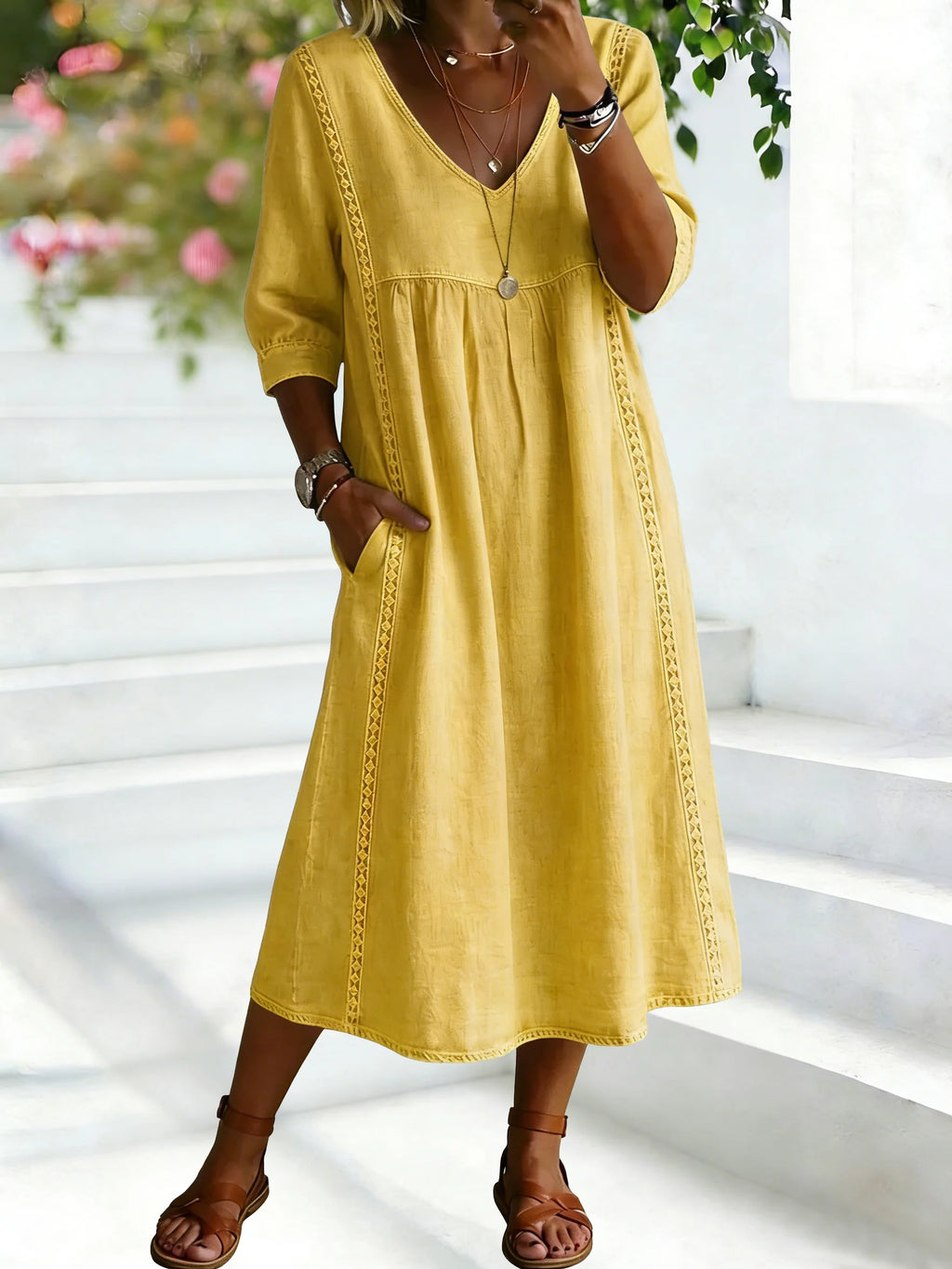 Plain Cotton Linen V Neck Short Sleeve Lace Casual Dress