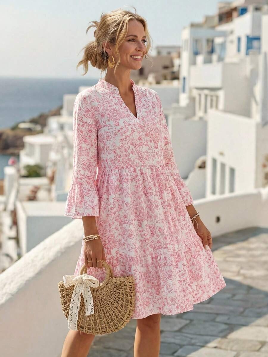 Elegant Floral V Neck 3/4 Sleeve Ruffle Tiered Mini Dress Casual Summer Flowy dress