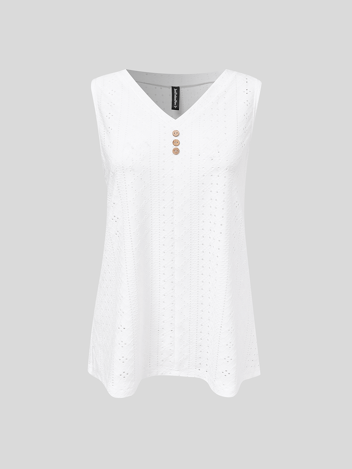 Loose V Neck Casual Buttoned Eyelet Embroidery Front Tank Top