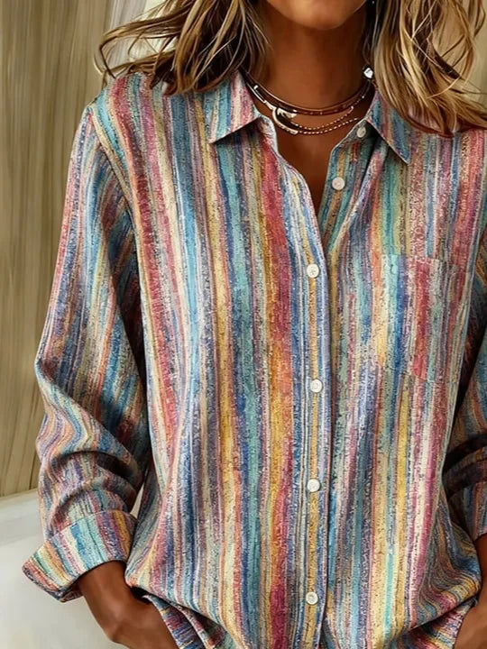 Women's Long Sleeve Shirt Spring/Fall As Picture Striped Buckle Shirt Collar Regular Sleeve Daily Going Out Casual Top