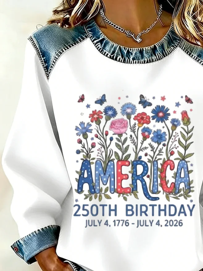 Women's USA Print Patchwork Denim Crewneck Long-Sleeved Sweatshirt