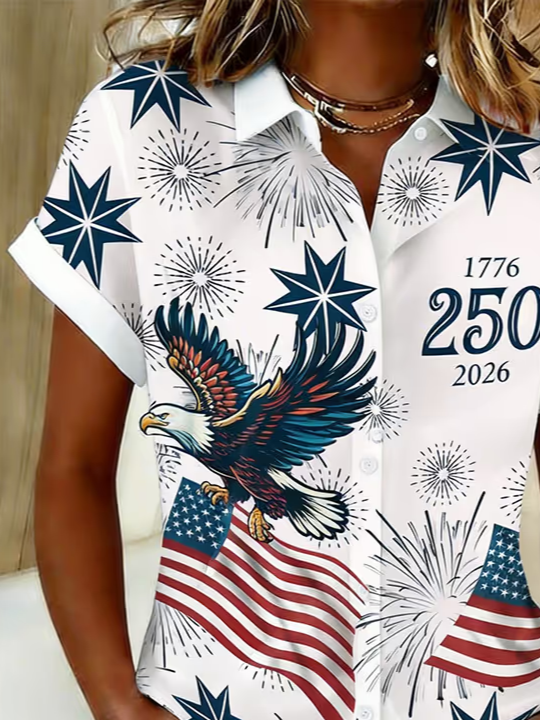 Women's Short Sleeve Shirt Summer White Independence Day (Flag) Printing Shirt Collar Daily Going Out Casual Top