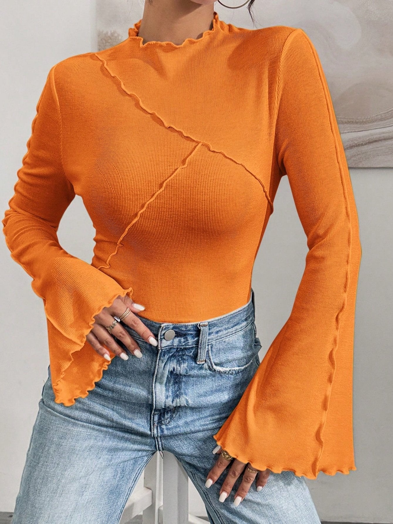 Women's Long Sleeve T-shirt Spring/Fall White Plain Split Joint Mock Neck Bell Sleeve Daily Going Out Casual Top