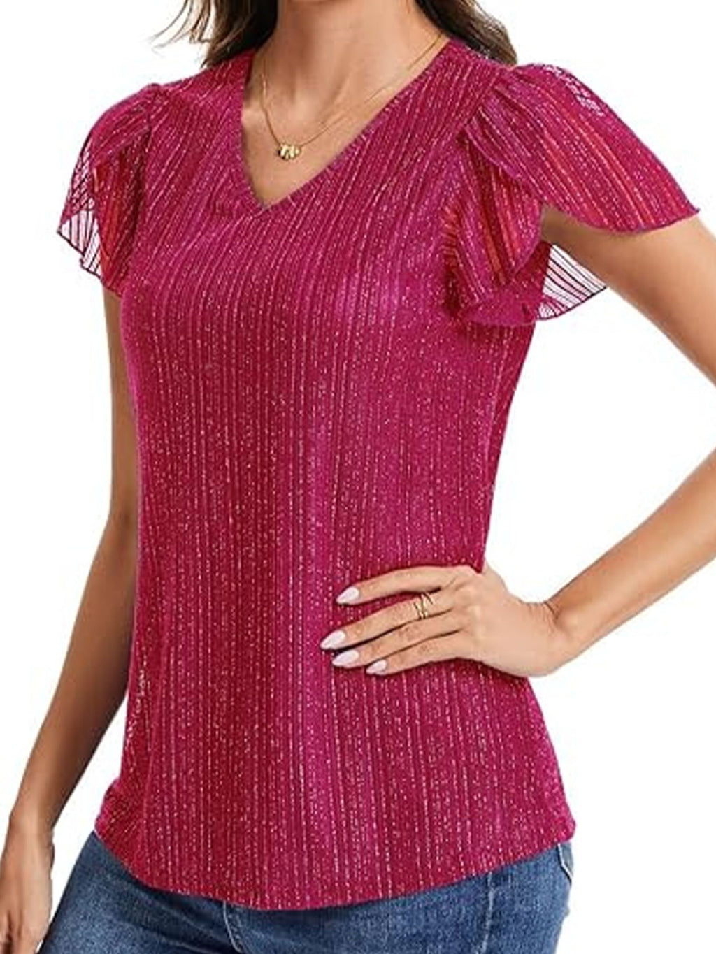 Women's Glitter V Neck Short Sleeve Top Summer Going Out Party Elegant T-Shirt