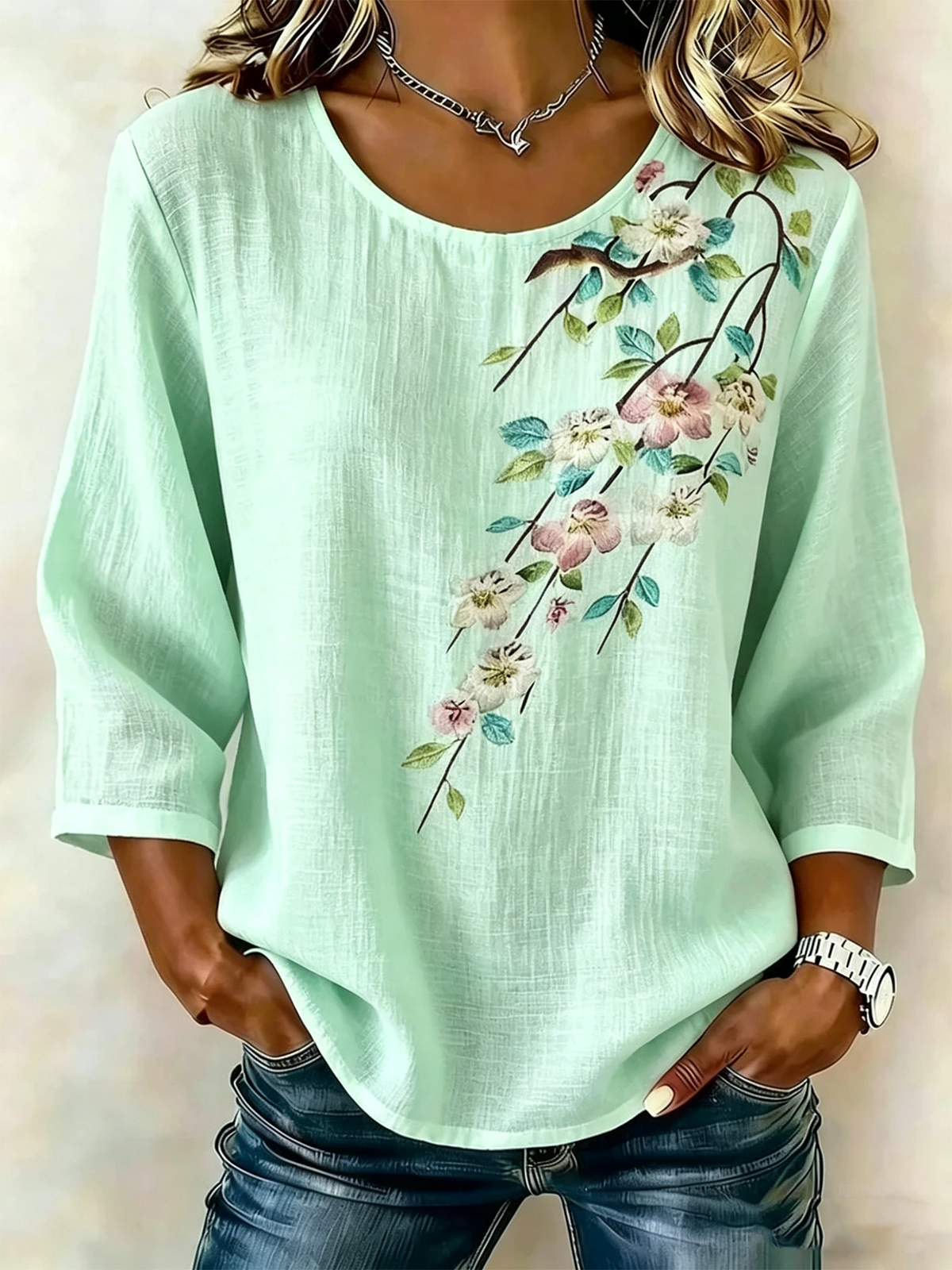 Women’s White Floral Bird Print 3/4 Sleeve Round Neck Boho Blouse