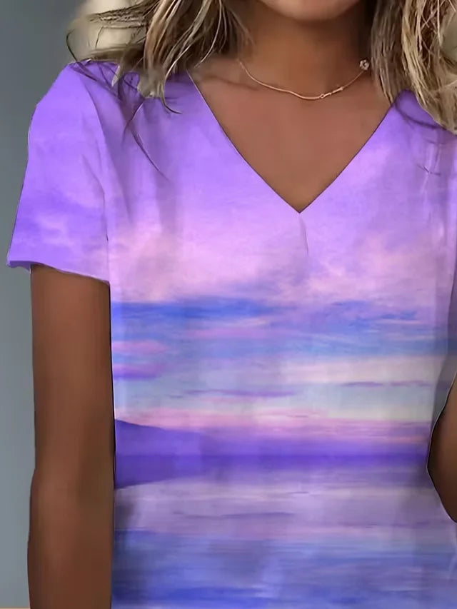Women's Short Sleeve T-shirt Summer Purple Abstract Printing V Neck Holiday Going Out Vintage Top