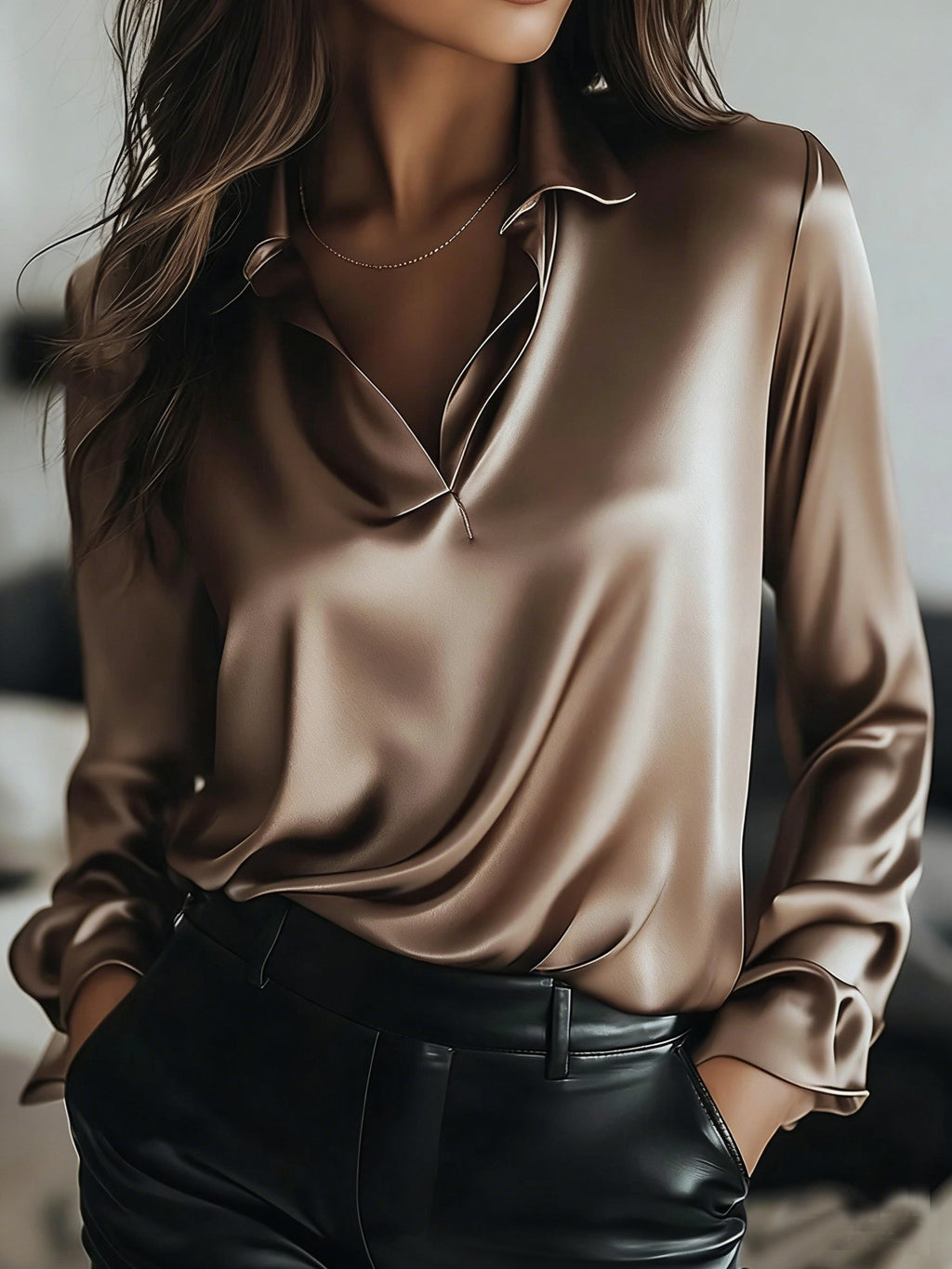 Satin Plain Long Sleeve V-Neck Elegant Regular Fit Casual Shirt