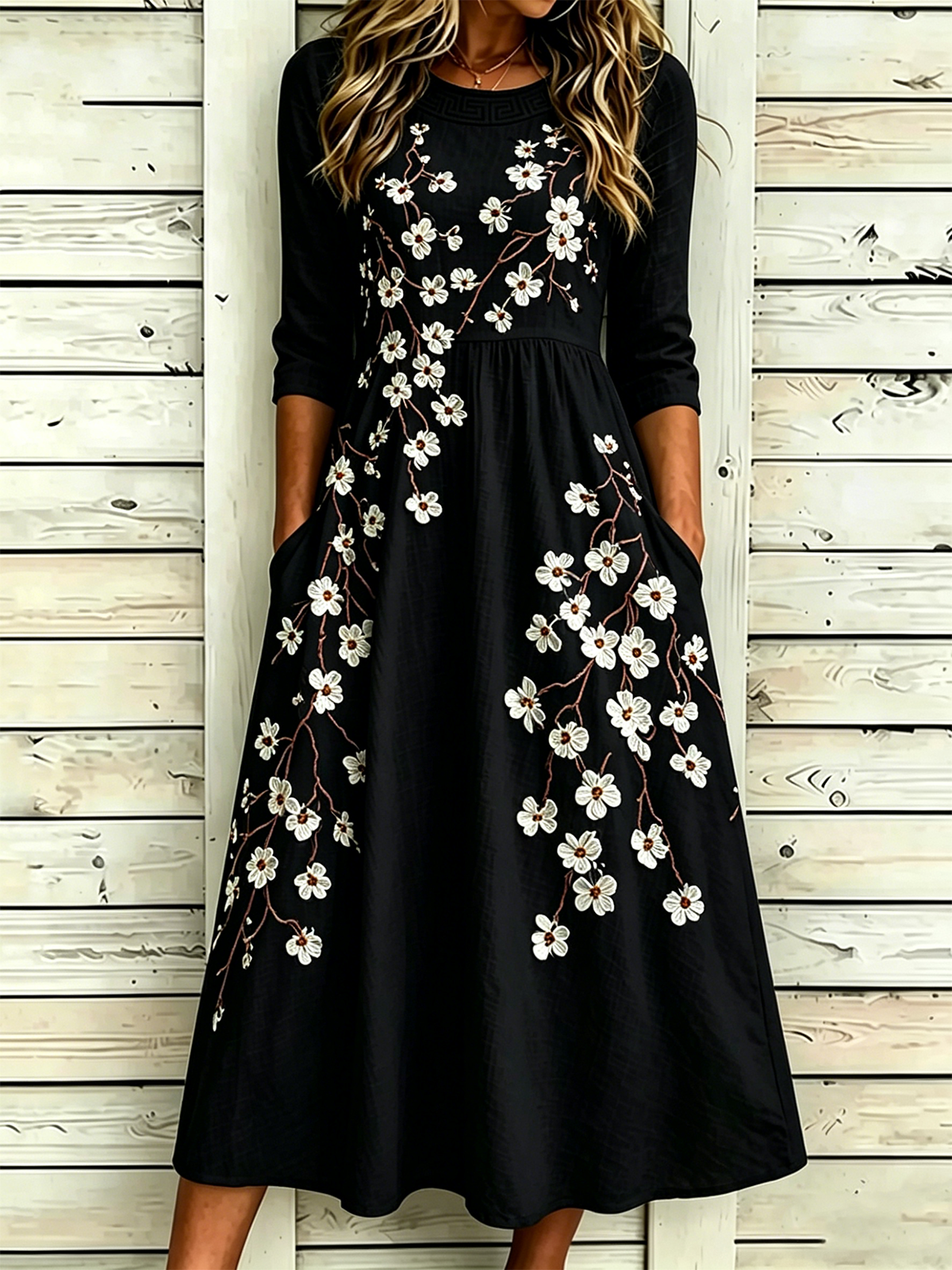 Women’s White Floral Branch Print Boho Cotton Linen Maxi Dress with Short Sleeves