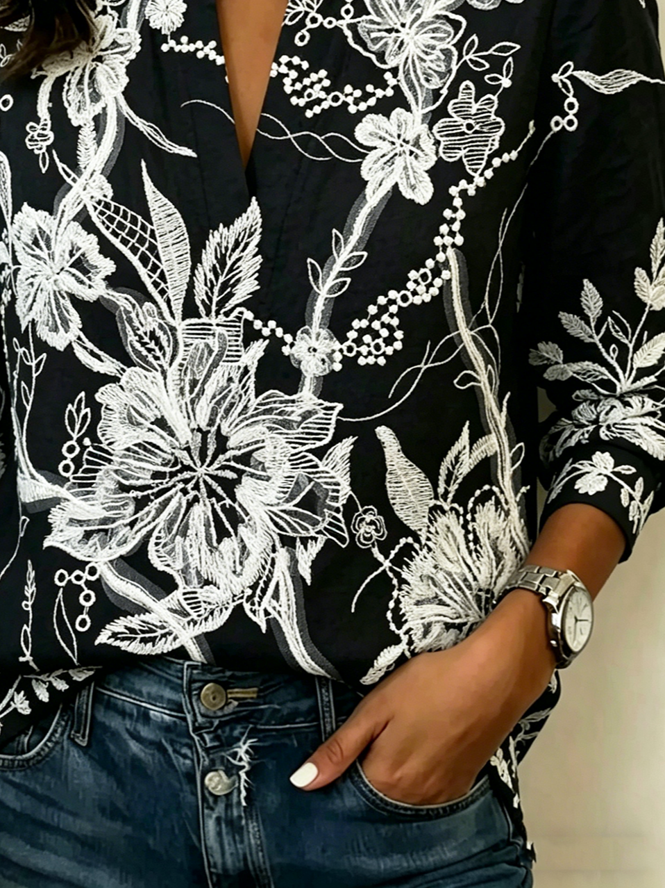 Loose Casual Floral V Neck Blouse