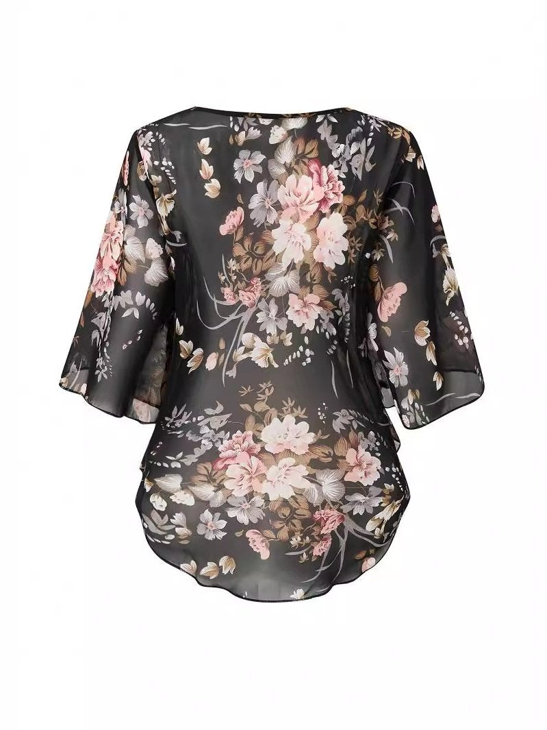 Women's Half Sleeve Blouse Summer Black Floral Crew Neck Dolman Sleeve Daily Going Out Casual Top