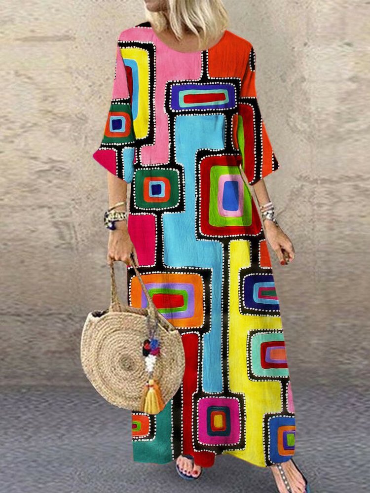 Crew Neck Regular Fit Vintage Cotton Dress With No Belt
