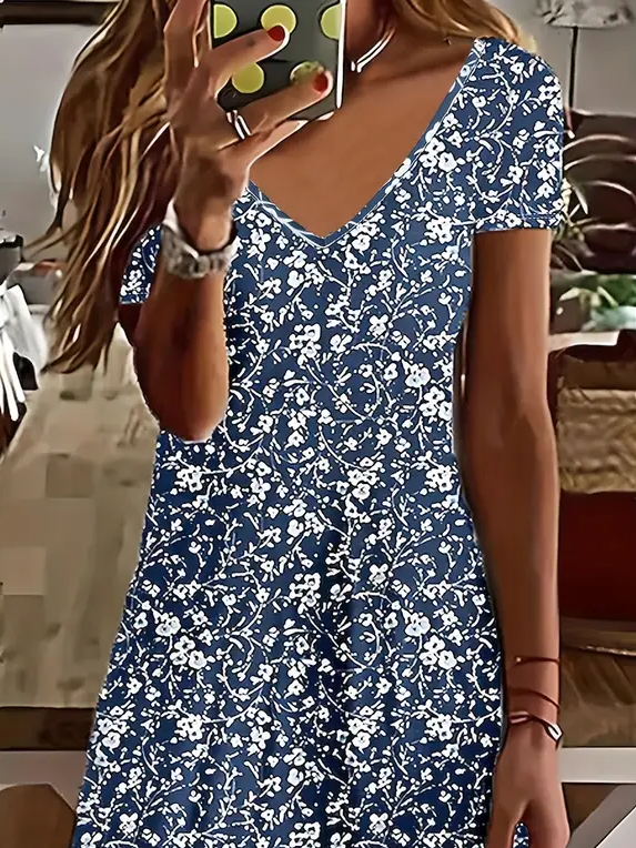 Women's Floral Print Casual V-Neck Short Sleeve Dress