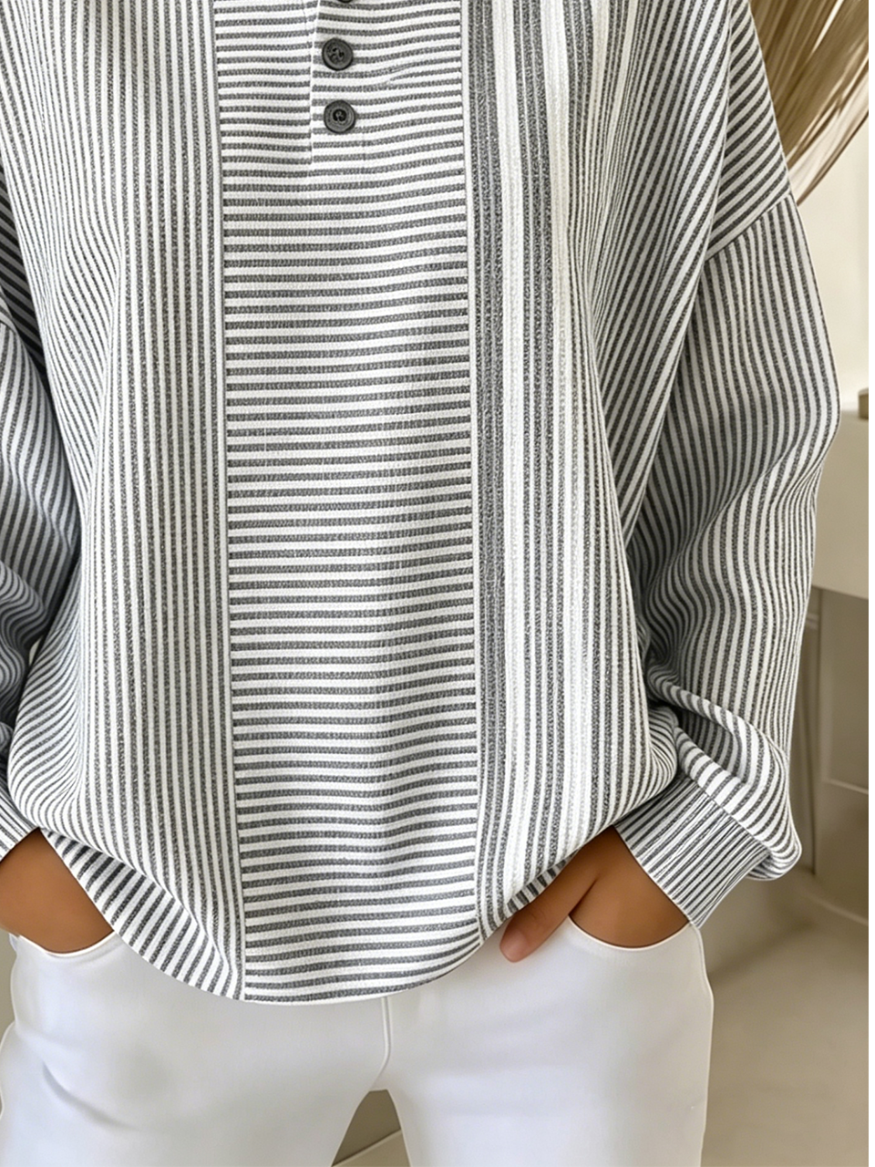 Blue & White Asymmetrical Stripe Panel Print Long Sleeve Henley Neck Casual Sweatshirt