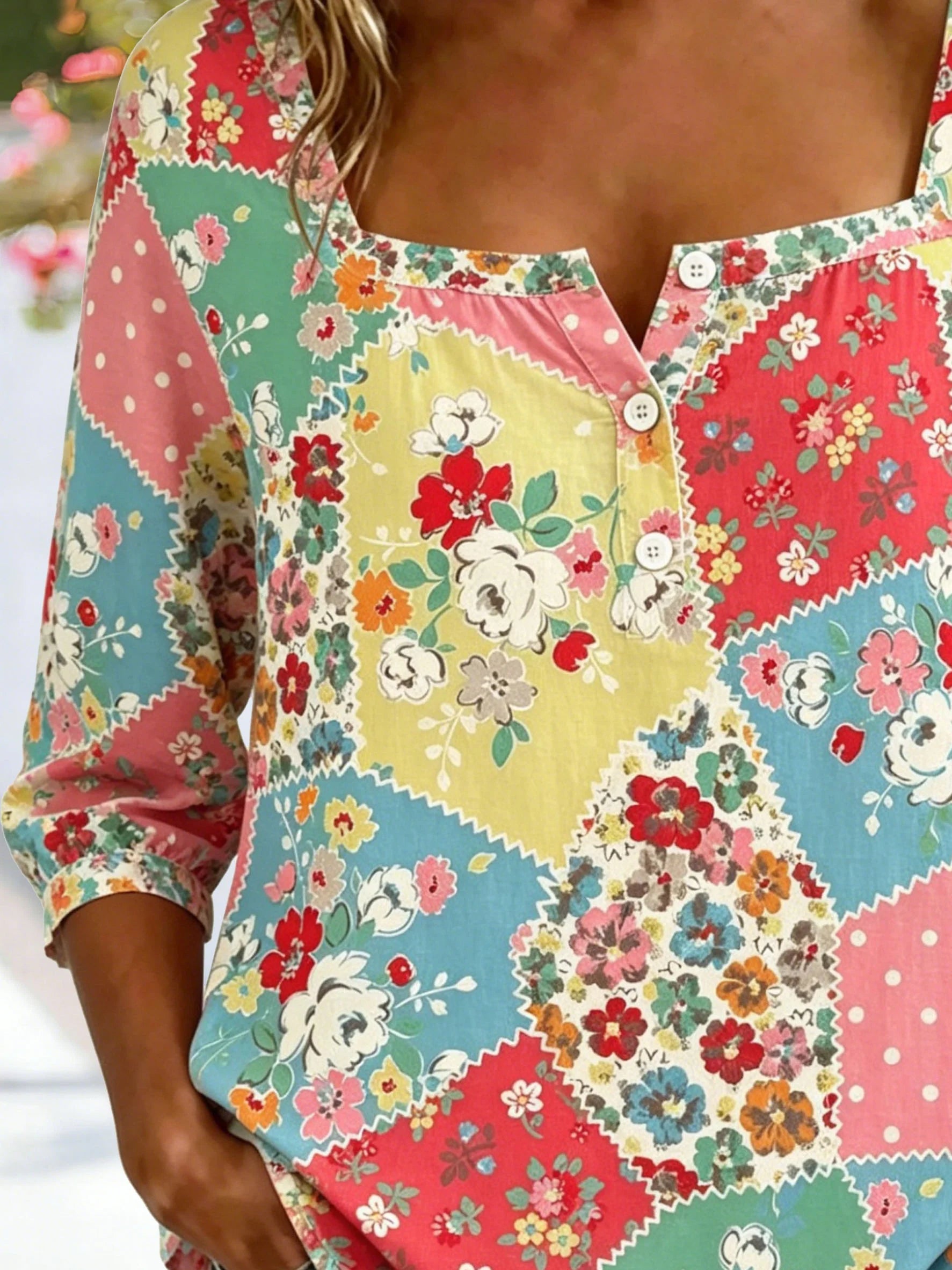 Women's Three Quarter Sleeve Blouse As Picture Floral Printing Square Neck Daily Going Out Vintage Top