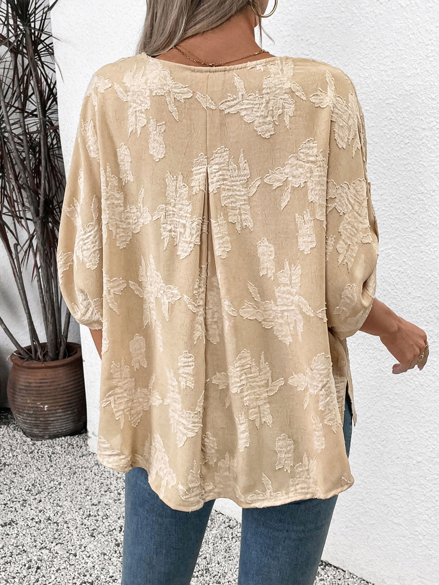 Vintage V Neck Batwing Sleeve Jaquard Fabric Loose Casual Blouse