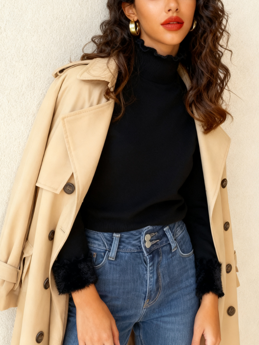 Oatmeal Plain Sweater With Ruffled Trim Thickened Fleece Lining, Stylish And Slim-fitting Knit Base Layer For Women