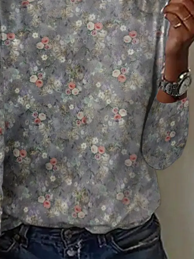 Women's Long Sleeve T-shirt Spring/Fall Gray Floral Printing Jersey Crew Neck Daily Going Out Casual Top