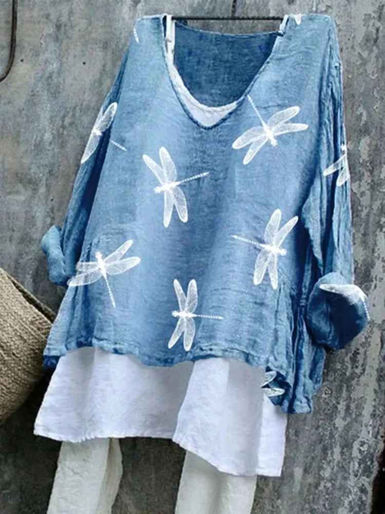 Vintage Dragonfly Cotton V Neck T-Shirt