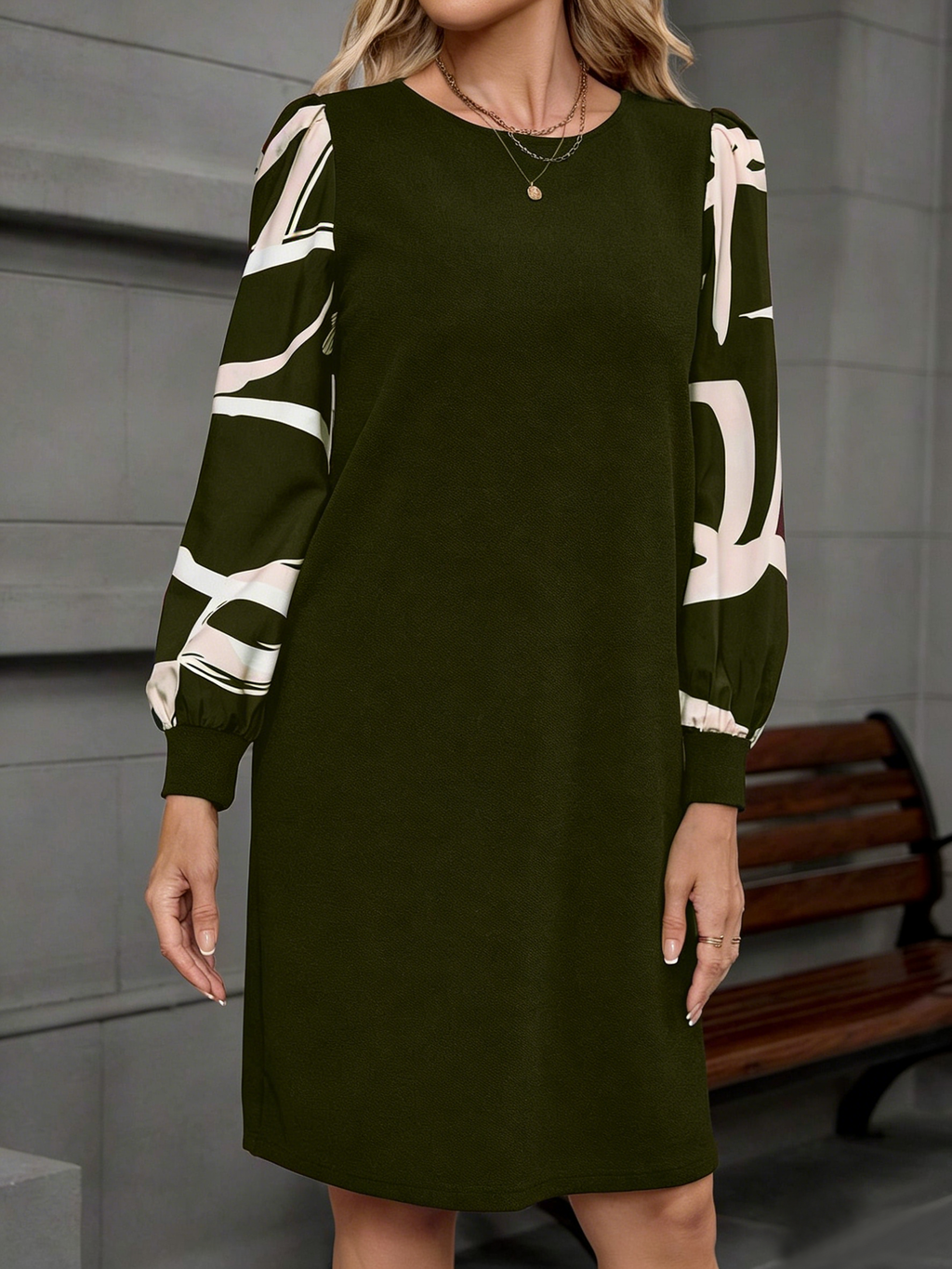 Regular Fit Crew Neck Elegant Color Block Geometric Dress Commuting