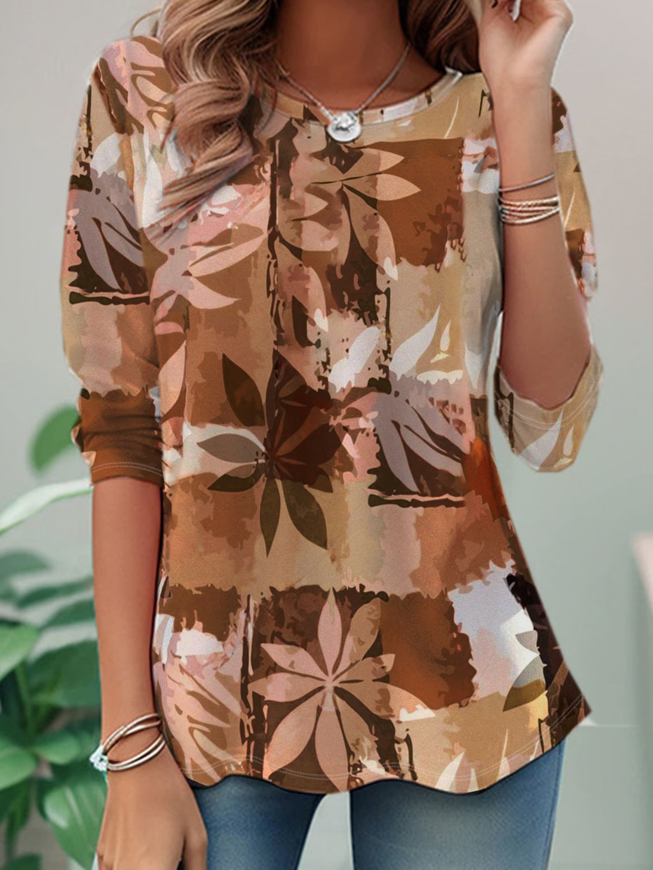 Women's Long Sleeve T-shirt Spring/Fall Brown Floral Jersey Crew Neck Daily Going Out Casual Top