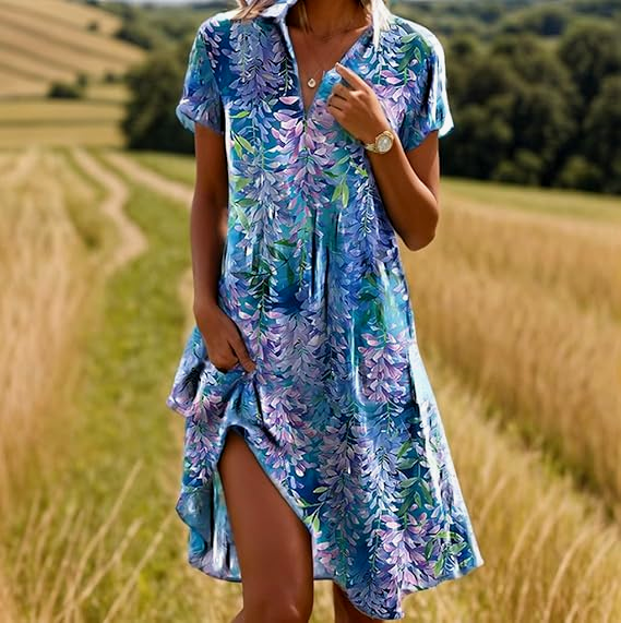 Wisteria Floral Short Sleeve V Neck Midi Dress Casual Flowy Summer Shirt Dress