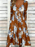 Half Open Collar Loose Casual Botanical Pattern Dress With No