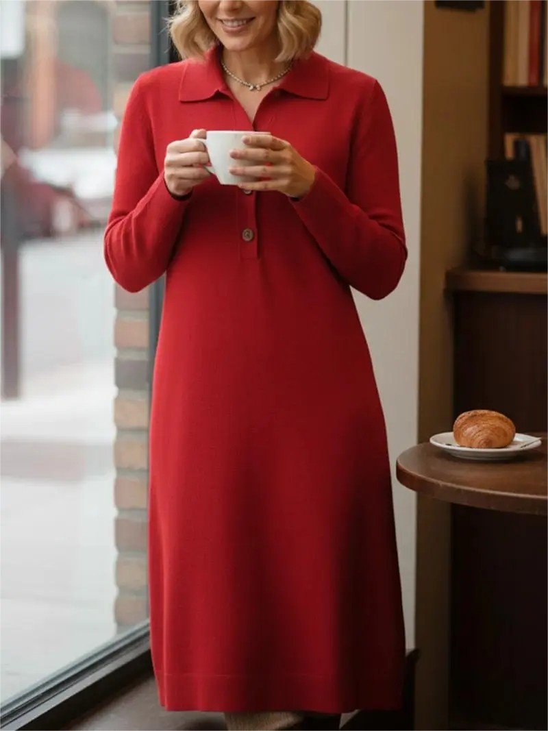 Shawl Collar Casual Plain Loose Sweater Dress With No
