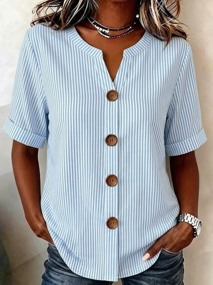 Striped Linen Blend Stand Collar Simple Loose Shirt